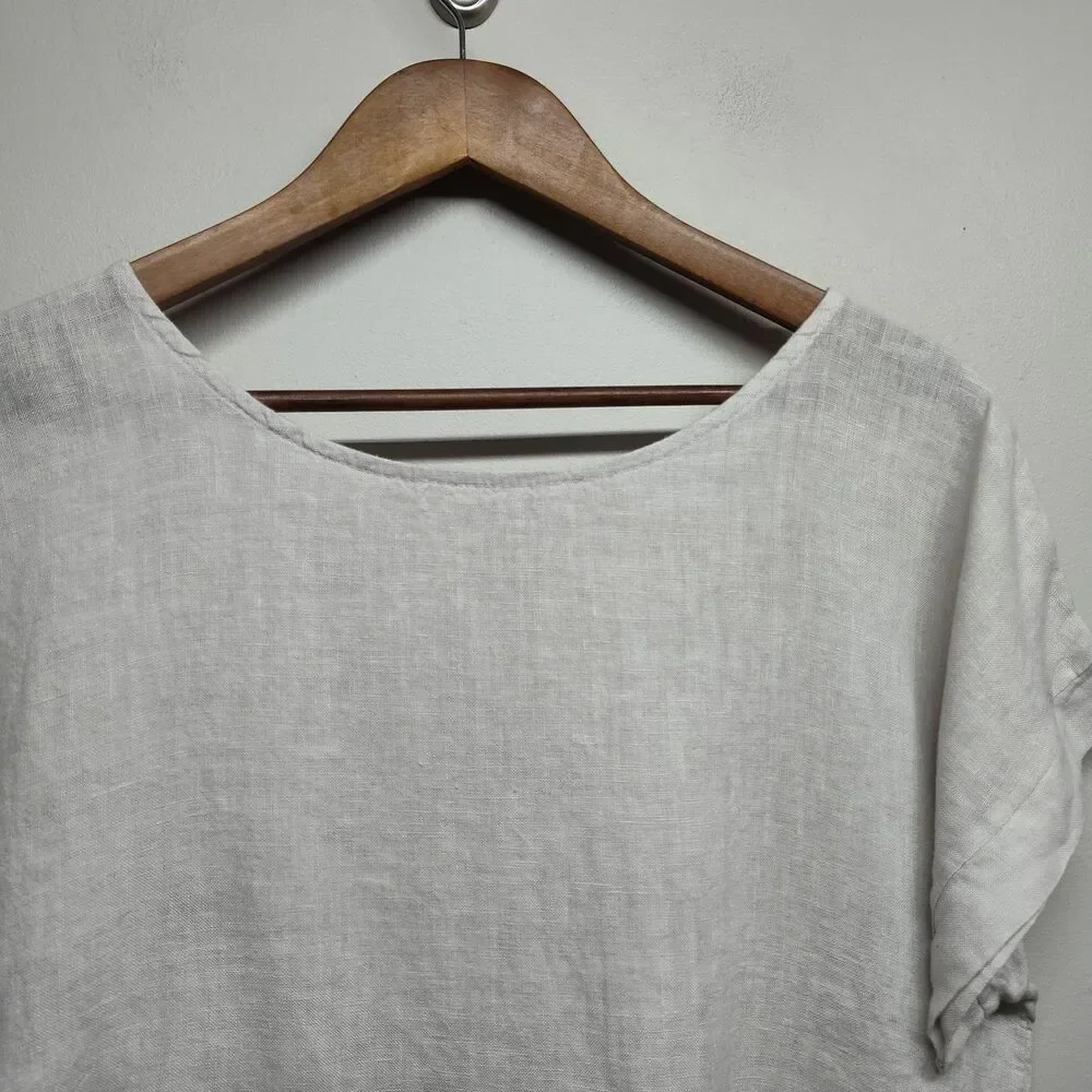 Terzo Millennio Linen Top Women Size M Cream Short Sleeve Bohemian Casual Italy - Picture 2 of 7
